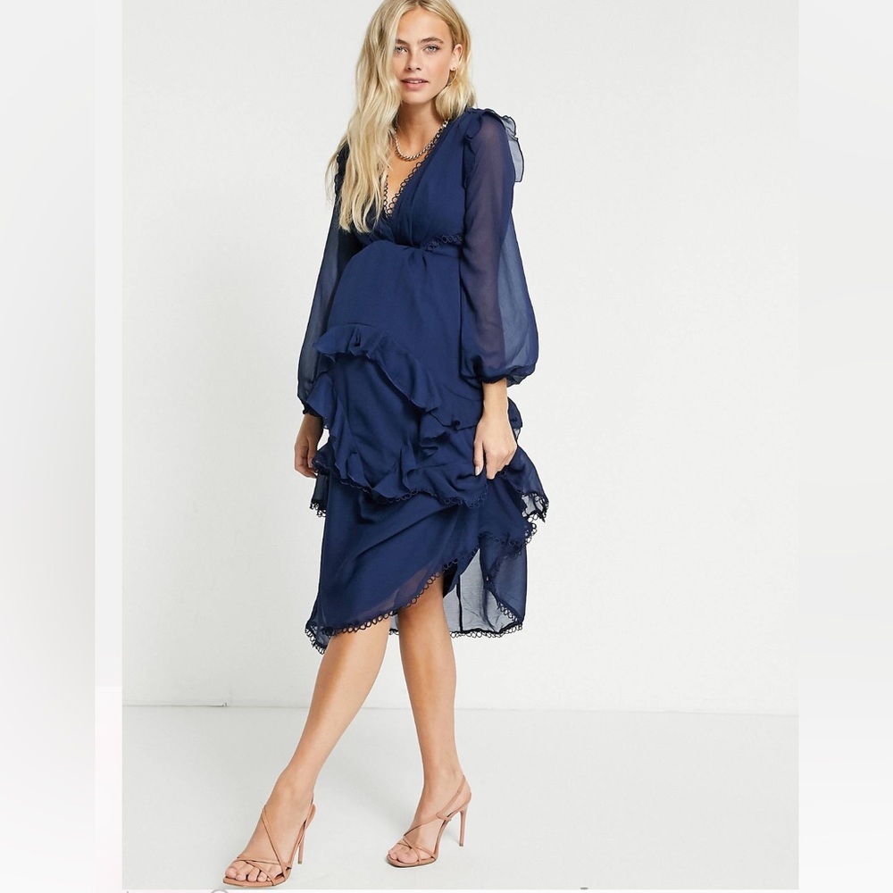 New ASOS DESIGN MATERNITY MIDI DRESS blue ruffles size 4 small